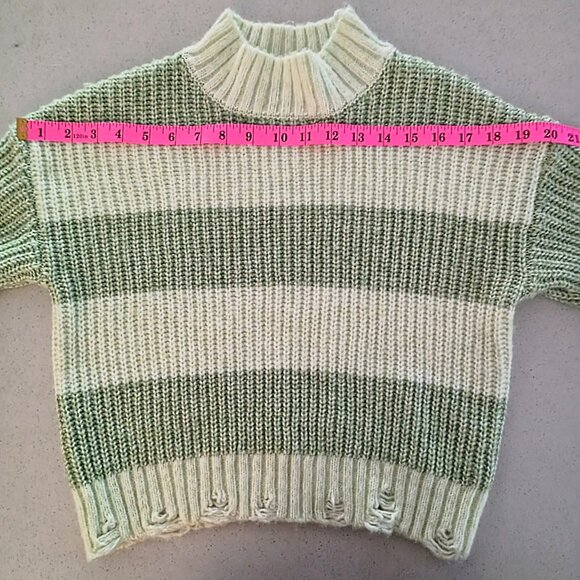 Sage & Cream Chunky Striped Knit Sweater – Mock Neck, Distressed Hem (Size M) - Picture 9 of 14